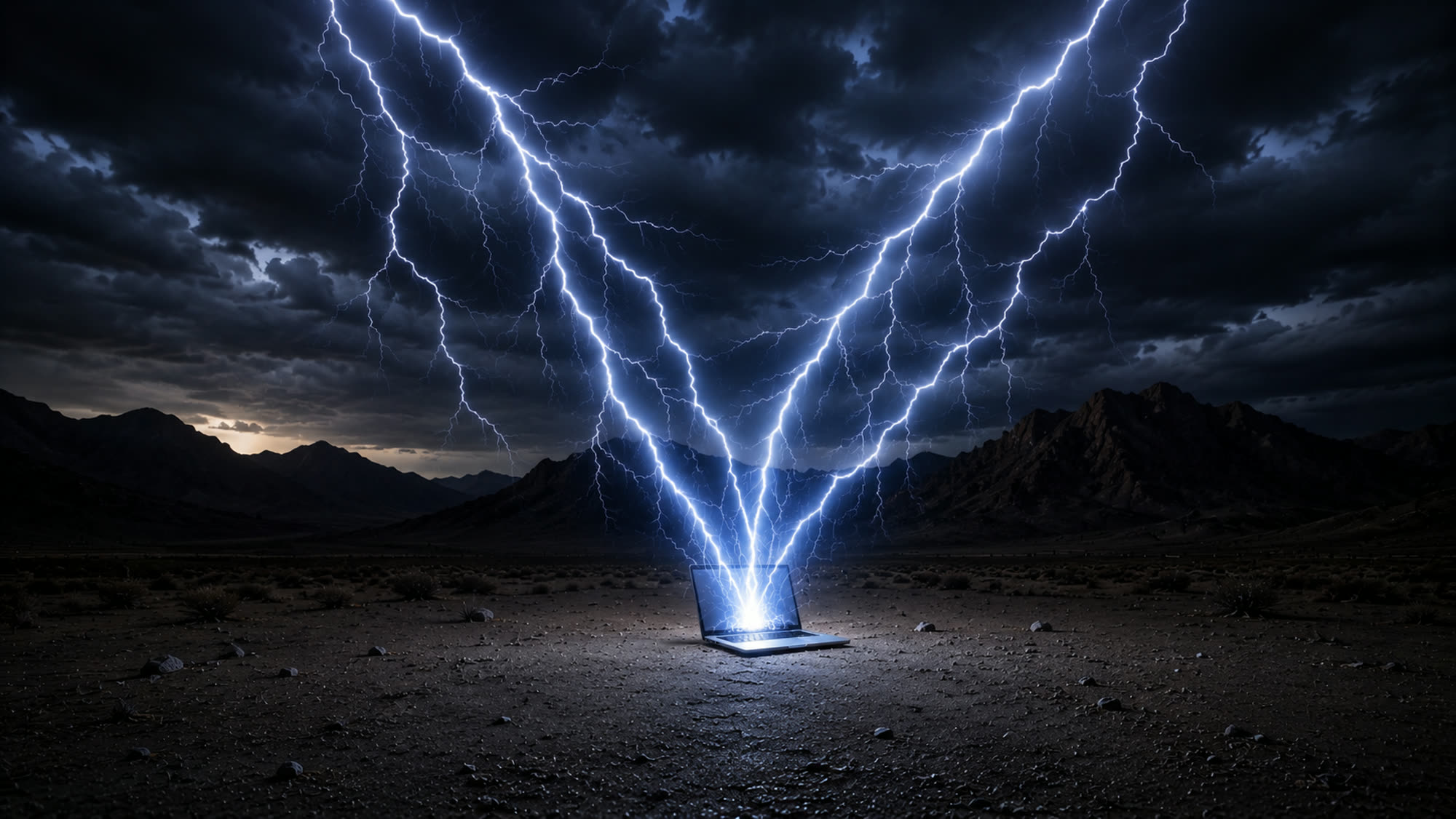 Lightning striking a laptop in a dark desert landscape